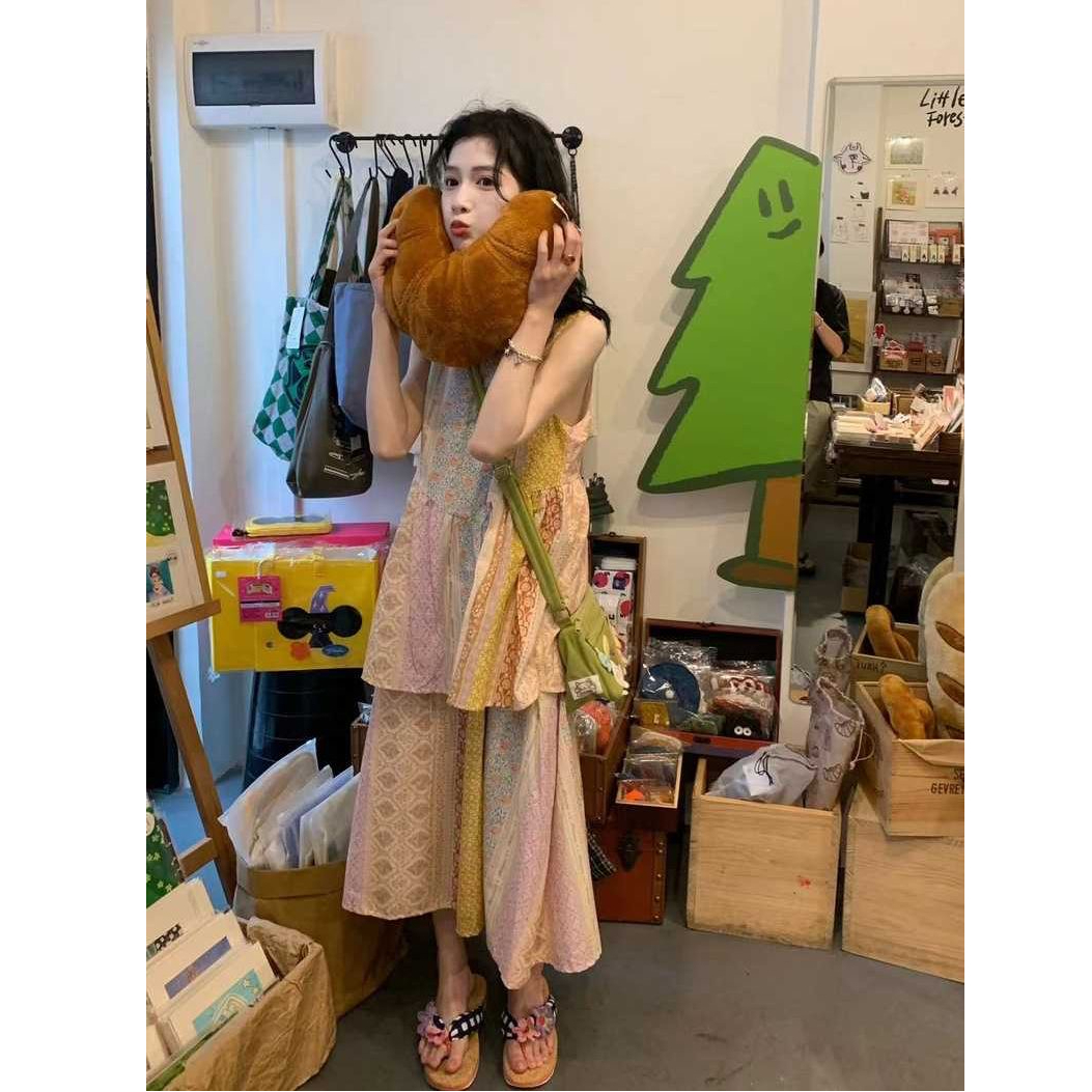 甜美少女感民族風碎花拼接柔美簡約chic吊帶上衣半身裙森女套裝