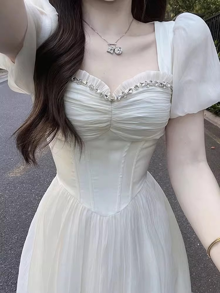 白色連衣裙女重工鑲鑽生日公主裙氣質長裙收腰顯瘦溫柔風仙女裙子