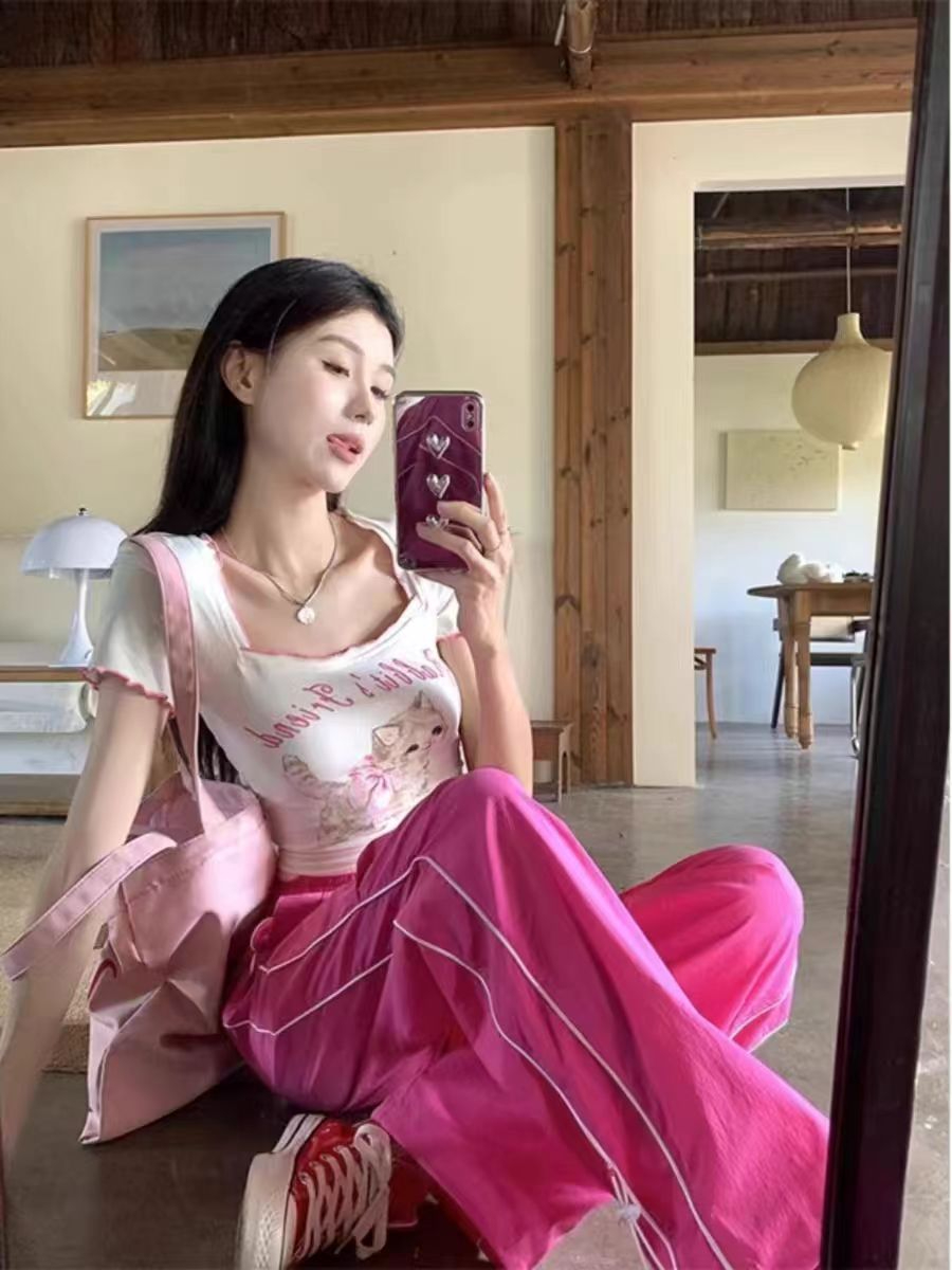 羅紋夏季短款T恤多巴胺穿搭女甜辣風方領小貓印花奶huhu短袖上衣