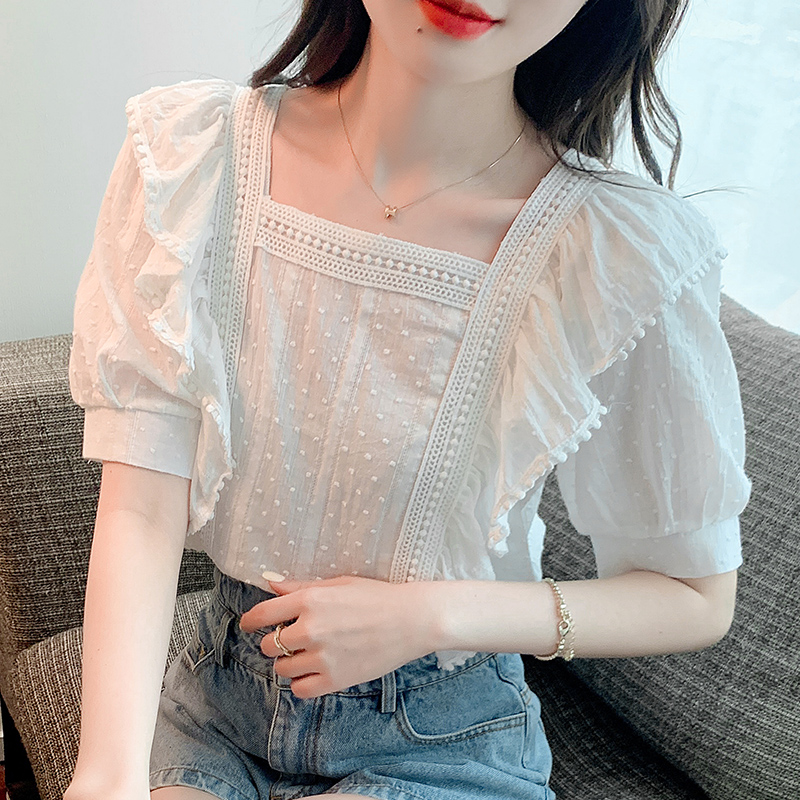 夏季新款女裝短袖小襯衫2024年夏裝新款甜美小清新方領上衣時尚
