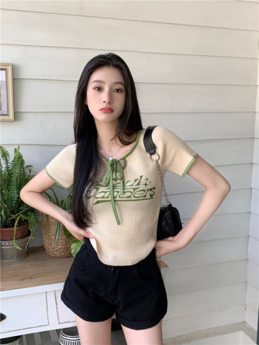 Real shot Korean style round neck lace-up letter printed short-sleeved knitted T-shirt top for women