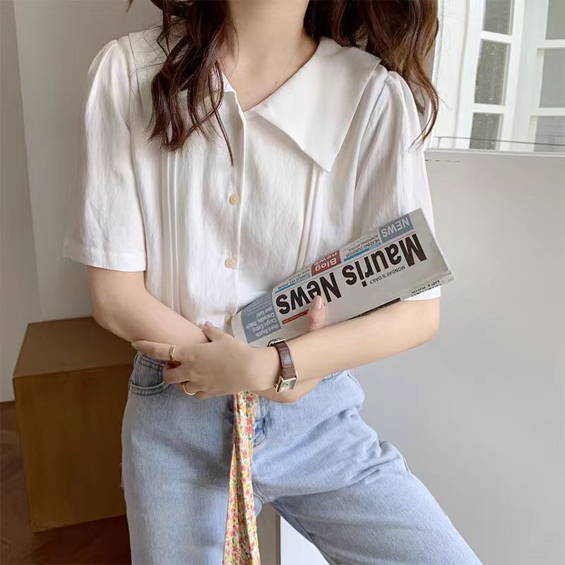 白色襯衫女短袖設計感小眾襯衣2024新款復古港味法式v領氣質上衣
