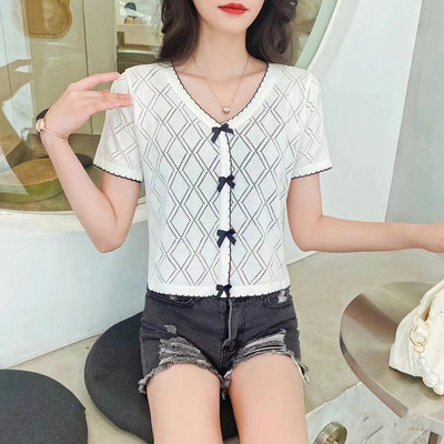 高腰上衣女2024新款夏設計感小眾V領冰絲針織衫短款修身ins潮