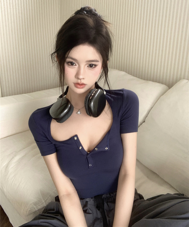實拍 夏季高腰露臍辣妹短款上衣短袖T恤上衣女