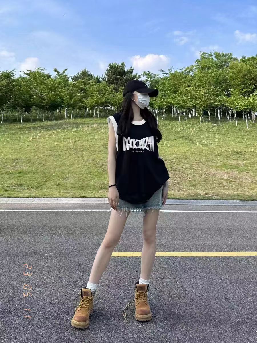 21支純棉 夏季新款休閒撞色領邊無袖T恤女中長款背心上衣