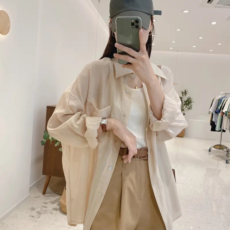 杏色襯衫女夏季薄款開衫寬鬆襯衣外套冰絲防曬服上衣長袖防曬衣潮