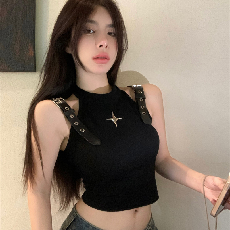 背心女夏季新款酷颯四角星金屬裝飾掛脖辣妹緊身露臍內搭美背上衣