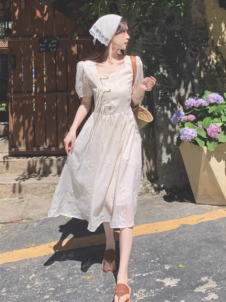新中式國風杏色連衣裙女夏小個子泡泡袖氣質甜美仙女溫柔初戀長裙