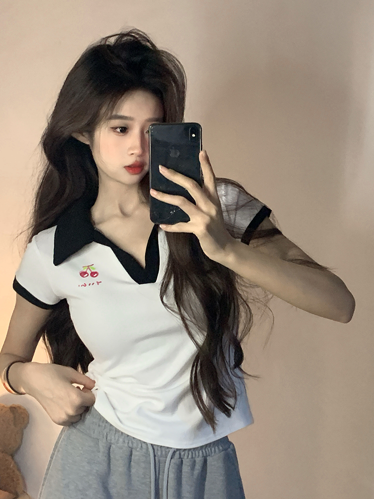 原創~實拍~櫻桃印花顯瘦修身拼色短袖T恤女夏