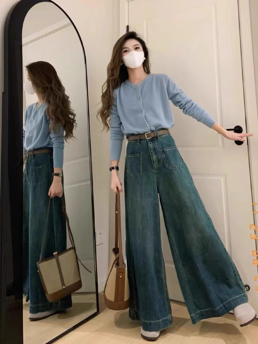 大碼闊腿牛仔褲女 高腰寬鬆設計感胖MM直筒褲復古藍拖地褲潮S-5XL