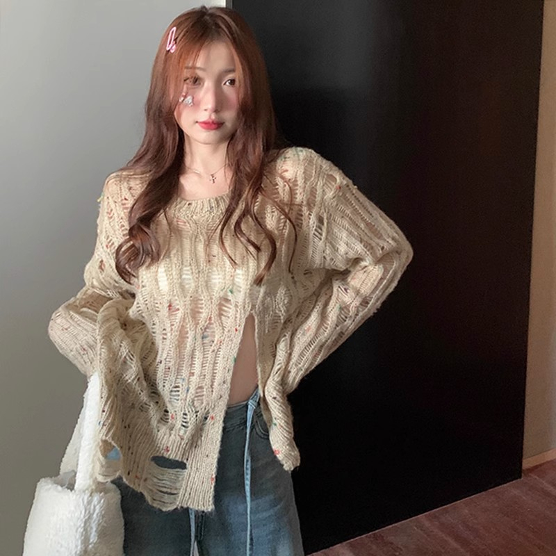 破洞開叉毛衣女寬鬆慵懶風設計感小眾不規則鏤空薄款針織衫春秋款