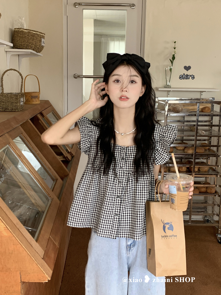 法式方領格子小飛袖襯衫女夏季襯衣設計感小眾娃娃衫寬鬆短款上衣