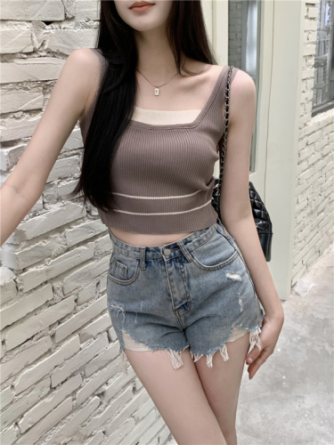Real shot of fake two-piece camisole women's summer new hot girl high-waisted short sleeveless top