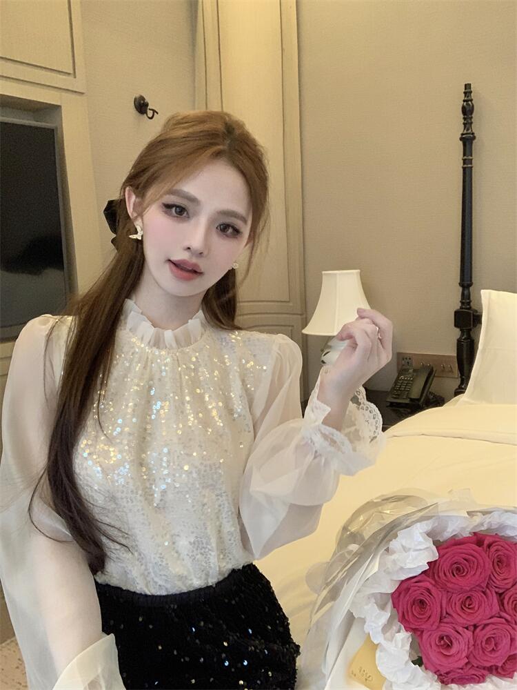 實拍2024新款春裝亮片拼接長袖新中式國風襯衫女名族風上衣春新品