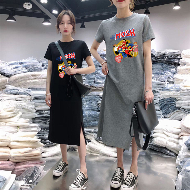 大碼女裝短袖t恤連衣裙女夏季中長款過膝休閒長裙子大碼減齡體恤