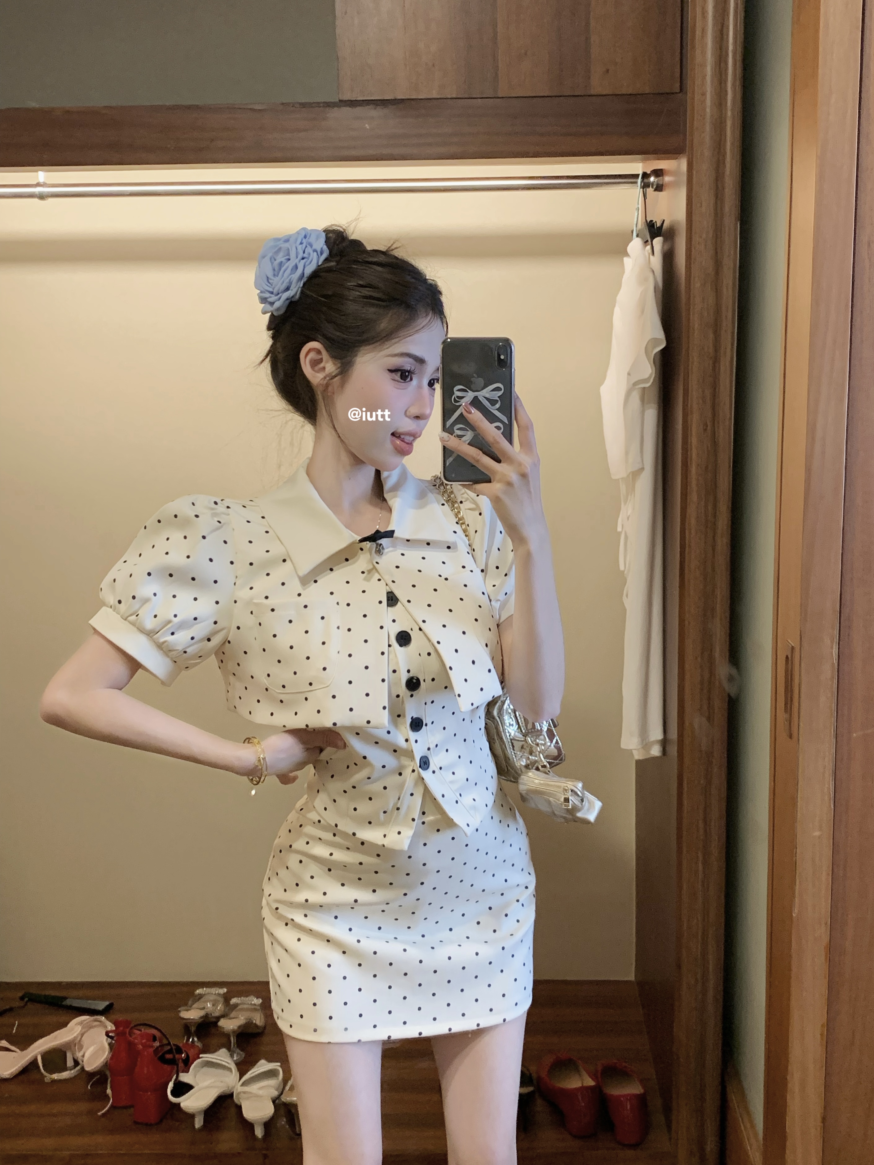 實拍！奶茶千金套裝女收腰氣質波點短外套抹胸背心短裙三件套