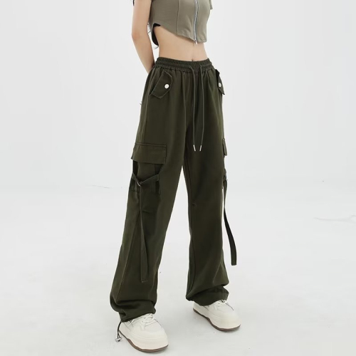 2024新款军绿色hiphop工装裤女夏季阔腿裤子薄款垂感设计感休闲裤