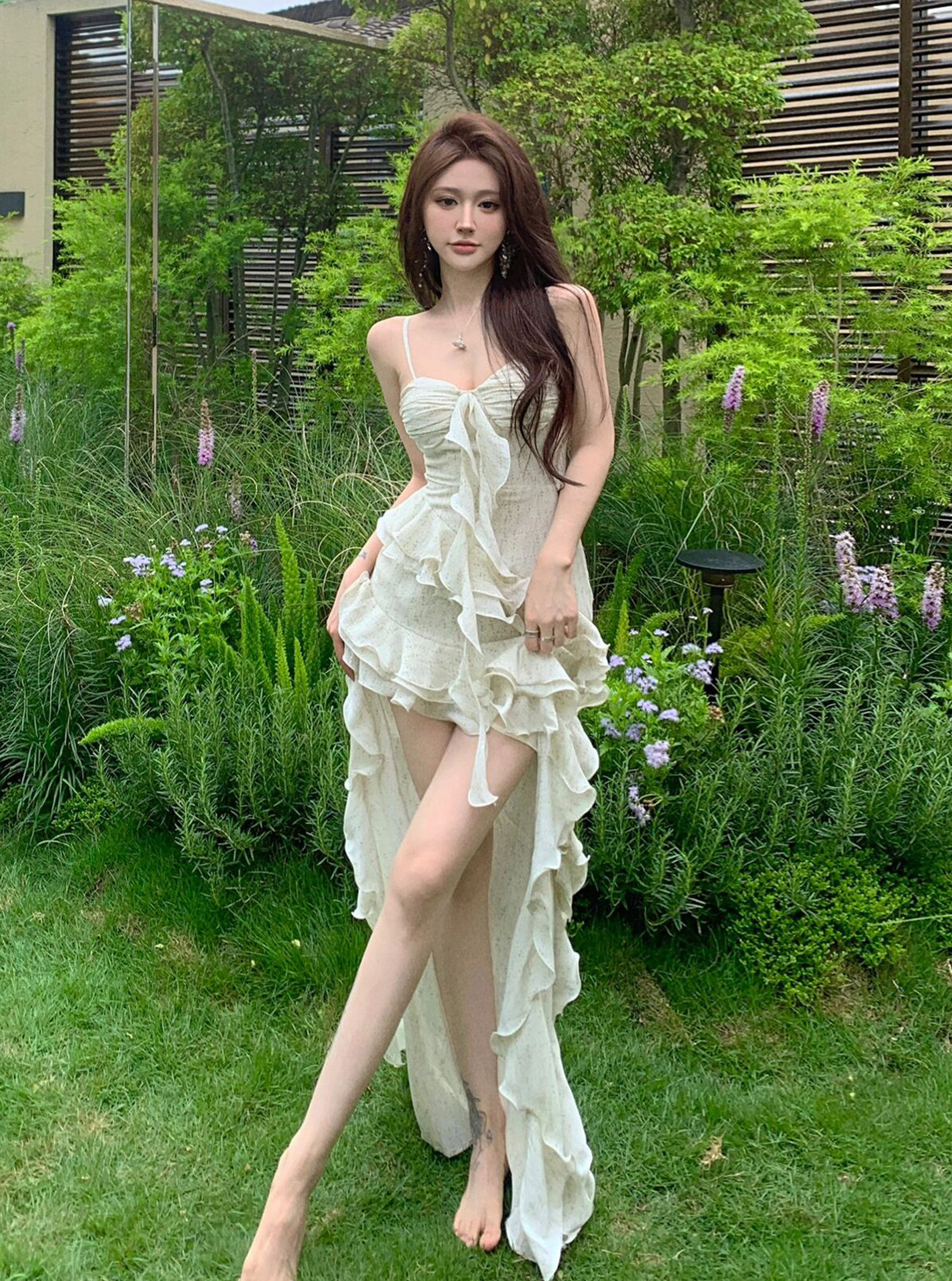 法式荷葉邊不規則吊帶連衣裙仙女夏季氣質純欲風海邊度假沙灘長裙