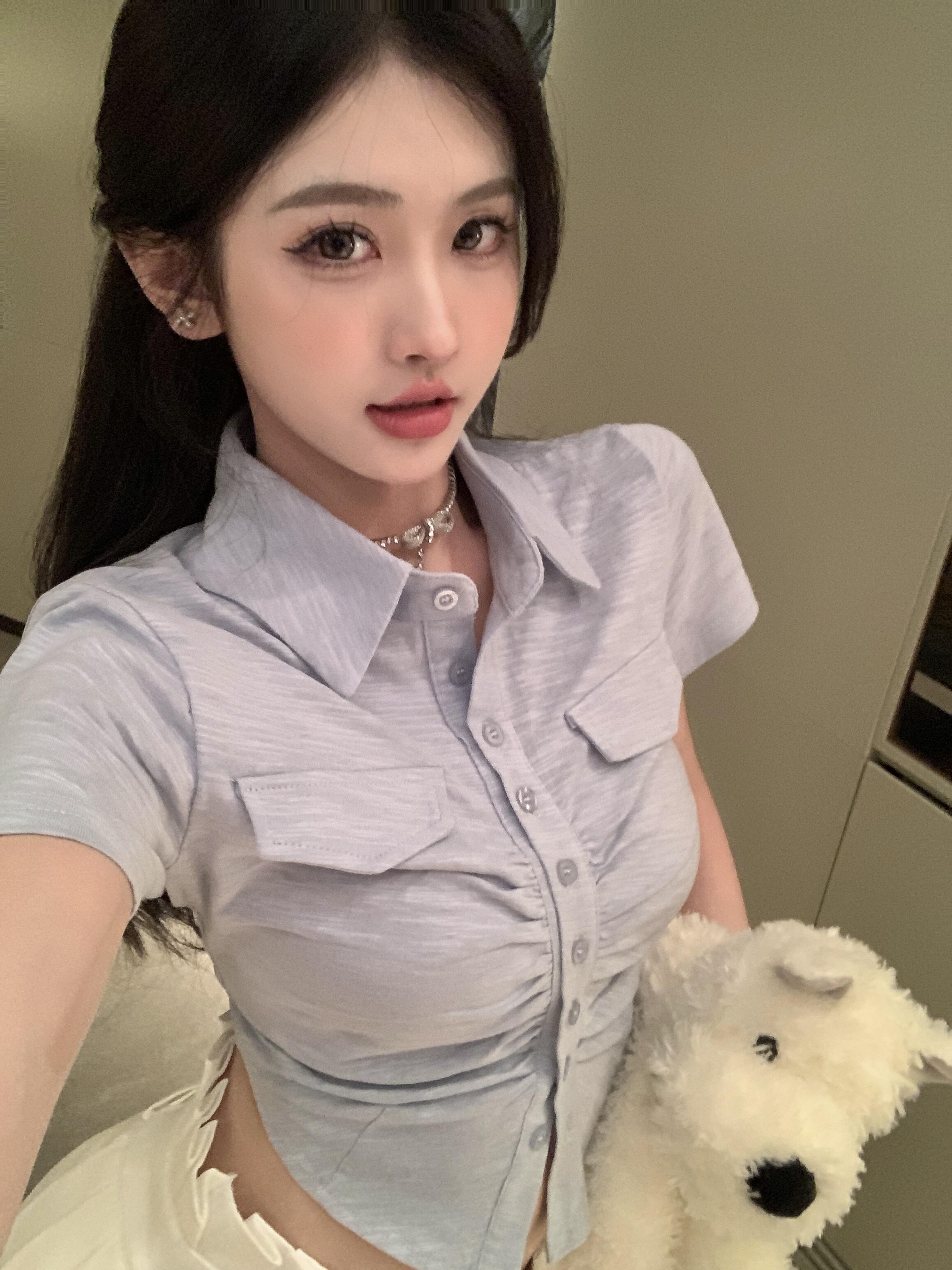 實拍 POLO領收腰褶皺設計感辣妹修身短款襯衫上衣女