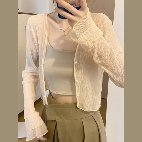 Ice silk knitted sun protection cardigan women's thin summer white shawl outer blouse small waistcoat long-sleeved short top