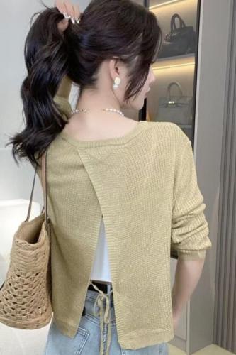 天猫质量韩版后开叉绑带针织衫T恤女设计感防晒罩衫辣妹薄款