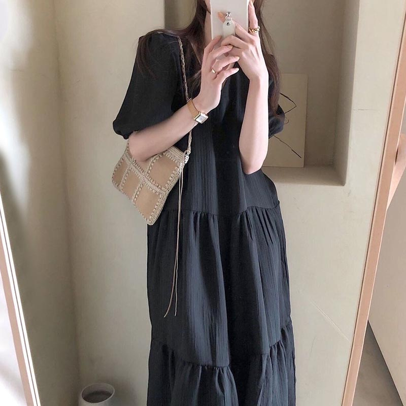 韓國東大門2024夏季新款寬鬆純色百搭顯瘦圓領泡泡袖連衣裙子女潮