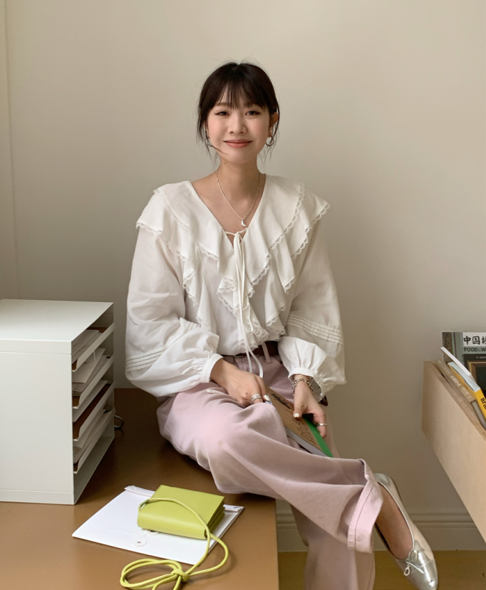實拍！甜美小清新淑女休閒長袖荷葉邊系帶襯衫氣質顯瘦上衣女