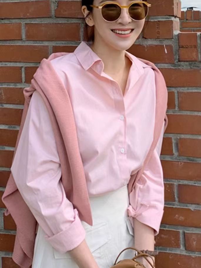 粉色襯衫女設計感小眾2024春裝新款基礎款長袖襯衣小個子氣質上衣