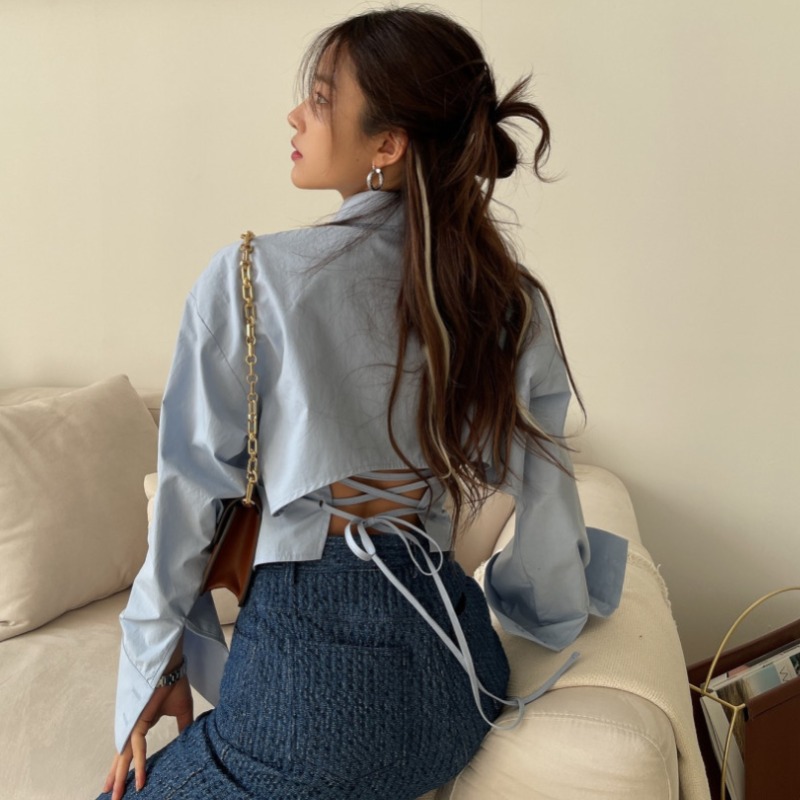 韓國chic春季新款設計感小眾氣質後背綁帶上衣修身顯瘦長袖襯衫女