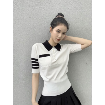 四槓冰絲後背小狗針織POLO衫學院風收腰顯瘦短袖T恤女潮