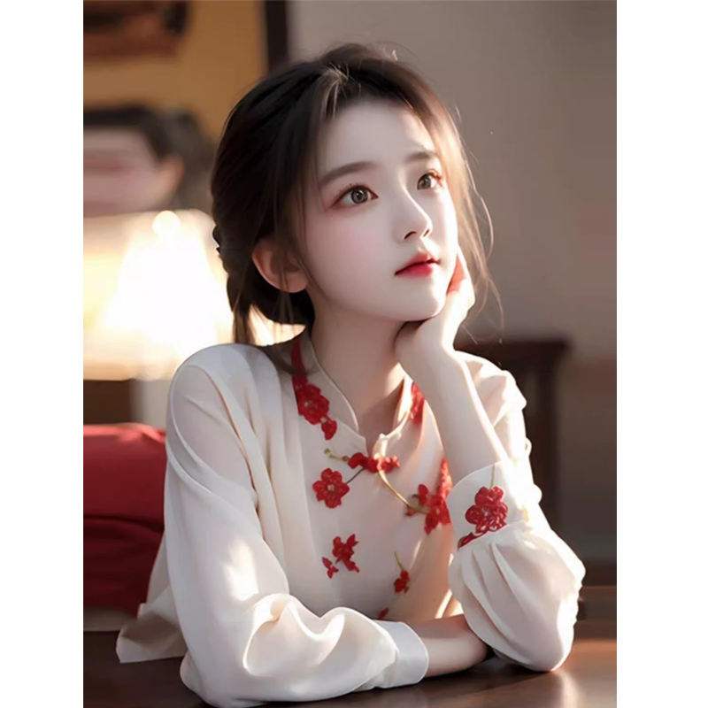 原版做工新中式襯衫春秋獨特漂亮小衫外穿輕國風女裝花朵上衣