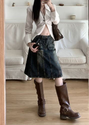 Actual shot 4 Spring and summer new style American retro distressed washed slim straight A-line denim skirt