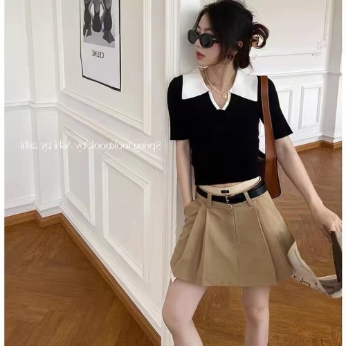 Contrast color polo collar short-sleeved sweater women's summer new French slim fit foreign style short chic top