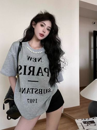 Real shot of new summer retro age-reducing letter flocking print pearl loose mid-length short-sleeved T-shirt