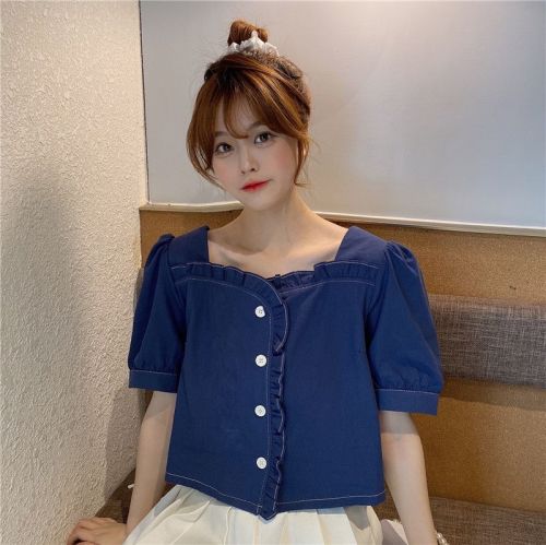 Original workmanship, square collar, women's short-sleeved summer sweet temperament, puff-sleeved short top with niche design