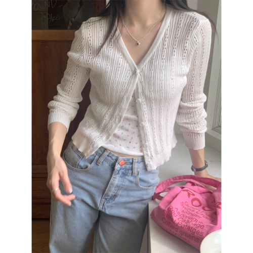 Actual shot of spring new women's solid color niche hollow knitted cardigan 2024 thin long-sleeved coat for women