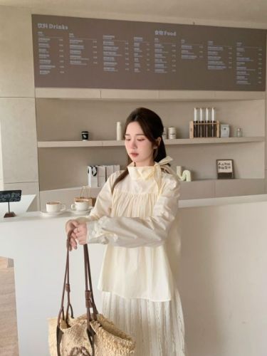实拍 新款韩版蝴蝶结系带立领长袖衬衫女
