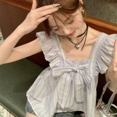 小清新條紋飛飛袖女夏季2024年韓版百搭綁帶蝴蝶結娃娃衫背心上衣