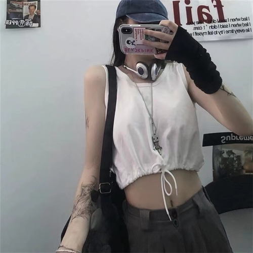 Solid color knitted camisole female summer student Harajuku style drawstring bottoming short slim student top trendy