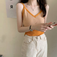 Knitted camisole vest for women, summer outerwear, sleeveless top with sexy back design, v-neck, chic and unique style, short style