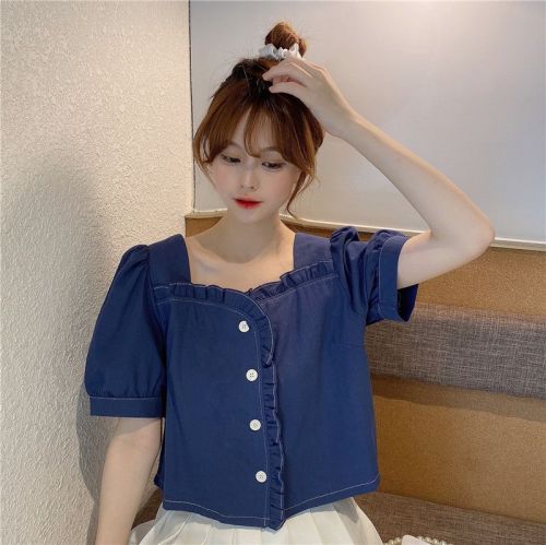 Original workmanship, square collar, women's short-sleeved summer sweet temperament, puff-sleeved short top with niche design