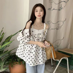 Sexy Off-the-Shoulder Short-Sleeve One-Shoulder Top for Summer Women, Versatile Polka Dot, Stylish Strappy Chiffon Shirt