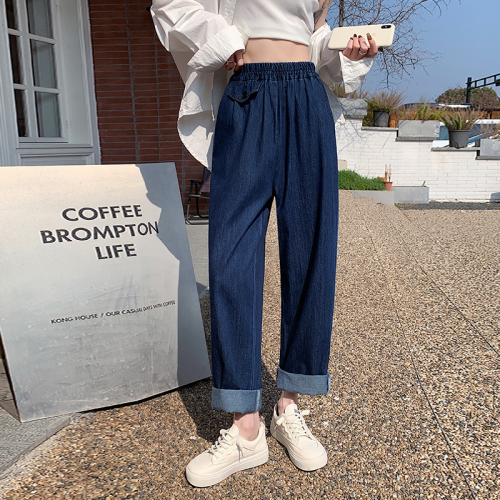 Real shot of spring loose elasticated high-waisted jeans for women in the spring season dark style nine-point pants harem pants for women college style
