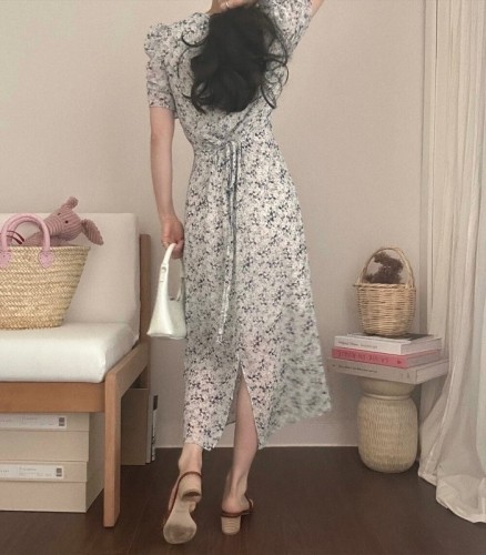 Korean chic summer floral dress, back slit, strappy waist long chiffon skirt