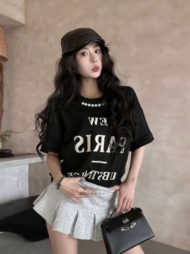 Real shot of new summer retro age-reducing letter flocking print pearl loose mid-length short-sleeved T-shirt