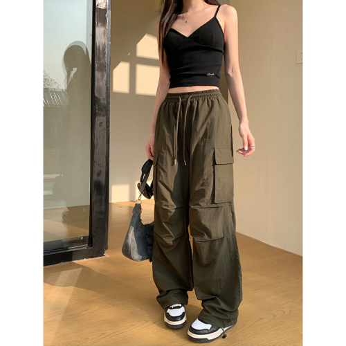 Real shot of pocket leggings overalls for women American high street elastic waist drawstring wide leg pants spring and summer new casual pants
