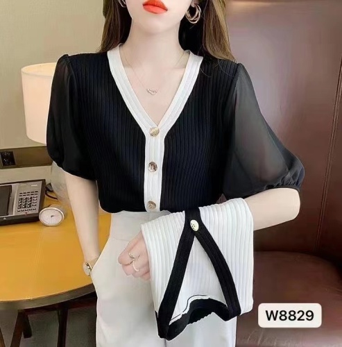 Summer new style Korean style goddess style V-neck chiffon puff sleeve short-sleeved cardigan knitted top
