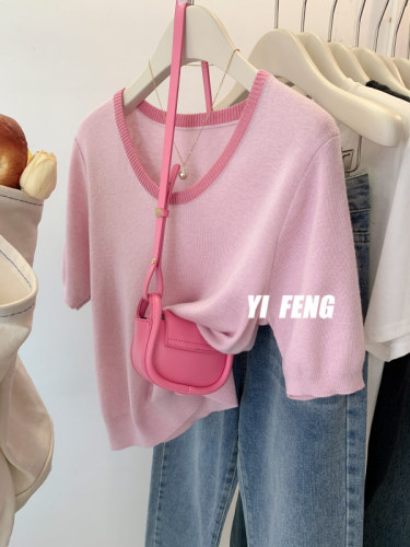 Pink short front shoulder short-sleeved T-shirt for women summer thin ice silk sweater petite slim-fitting half-sleeved short top