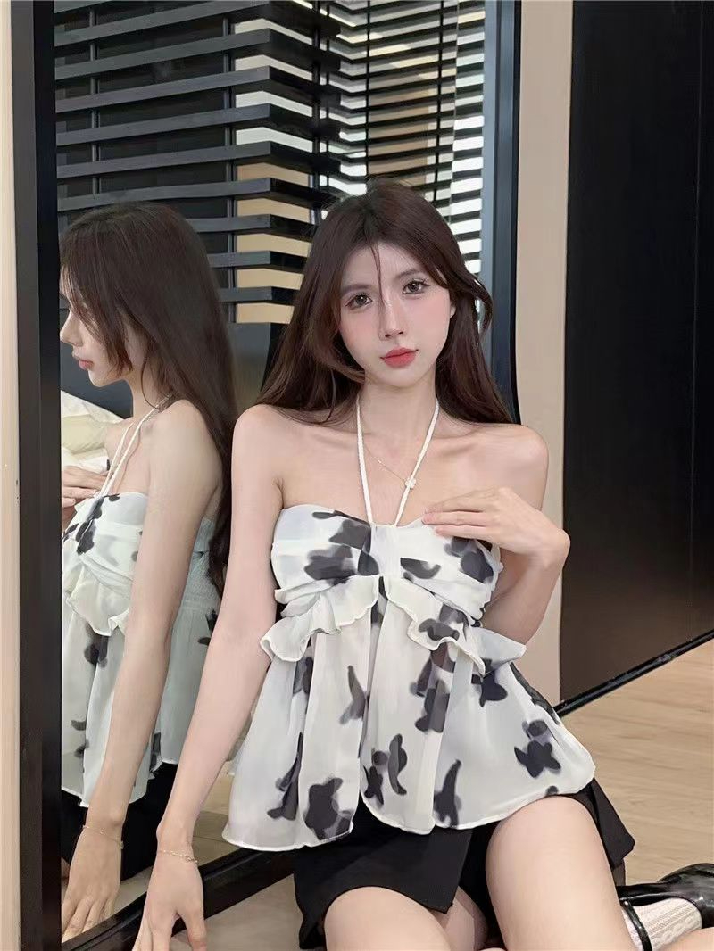 Lace-edge sexy lady, backless ink wash V-neck summer new pure desire waist-cinching slimming sleeveless top for women
