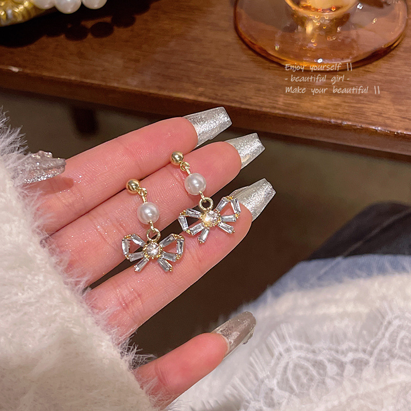 S925 Silver Needle Light Luxury Niche Zircon Bow Earrings Women's Ins Trendy Super Fairy Temperament Pearl Earrings Earrings
